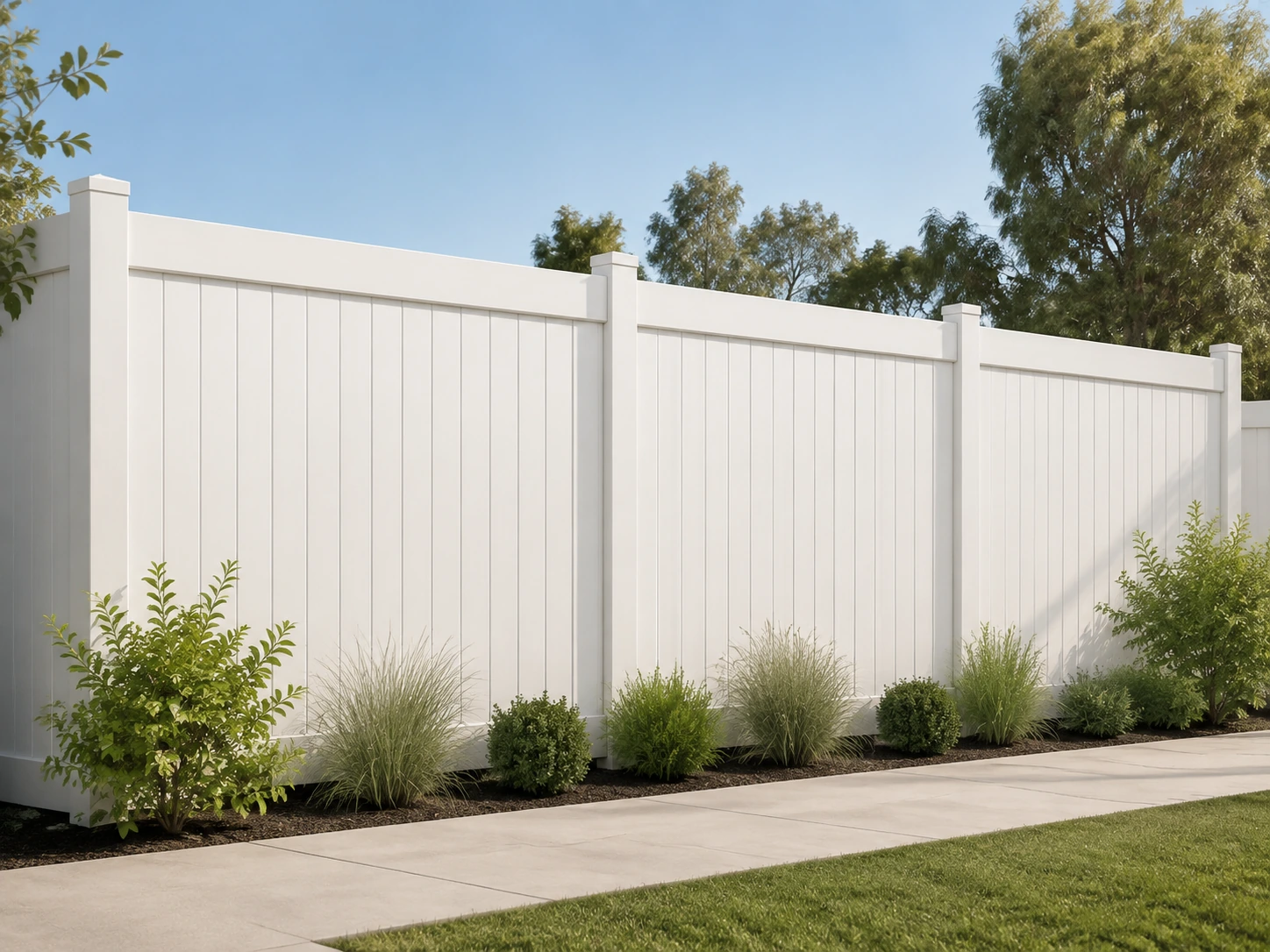 Completed white vinyl privacy fence installation